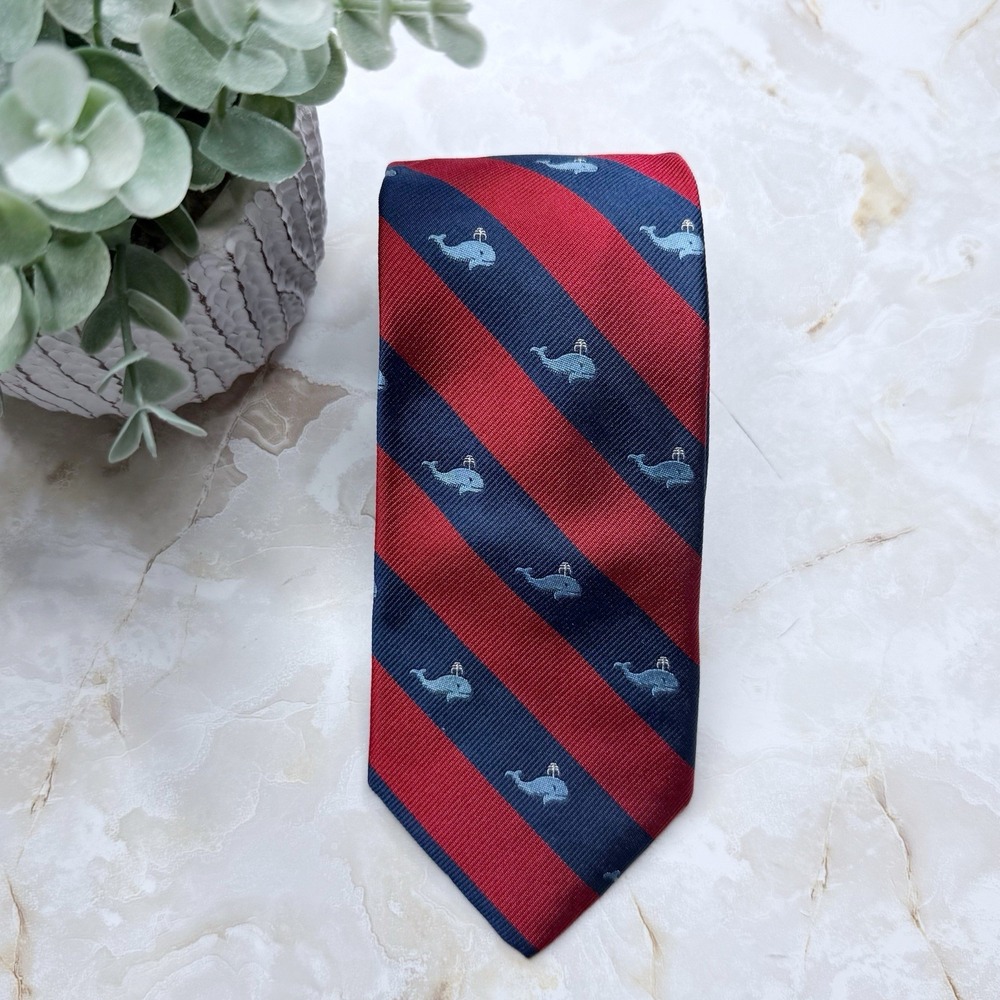 NWT J. Crew Men's Silk Necktie Diagonal Stripe Whale Print Red Blue 3 1/2" x 58"